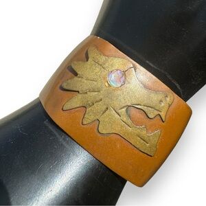Vintage Mexican Brass and Copper Abalone Inlaid Cuff Bracelet